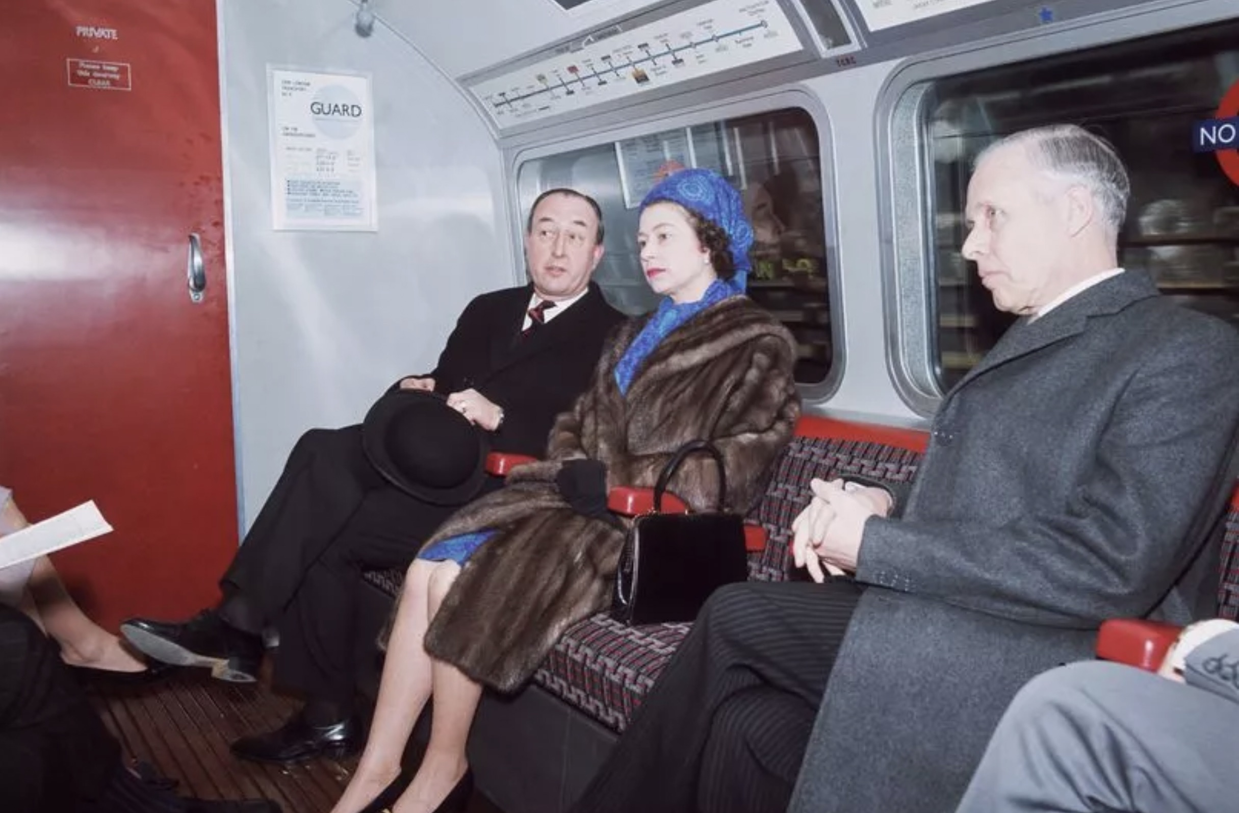 The Queen travelling on the London Underground after officially opening the Victoria Line service on 7th March 1969. 